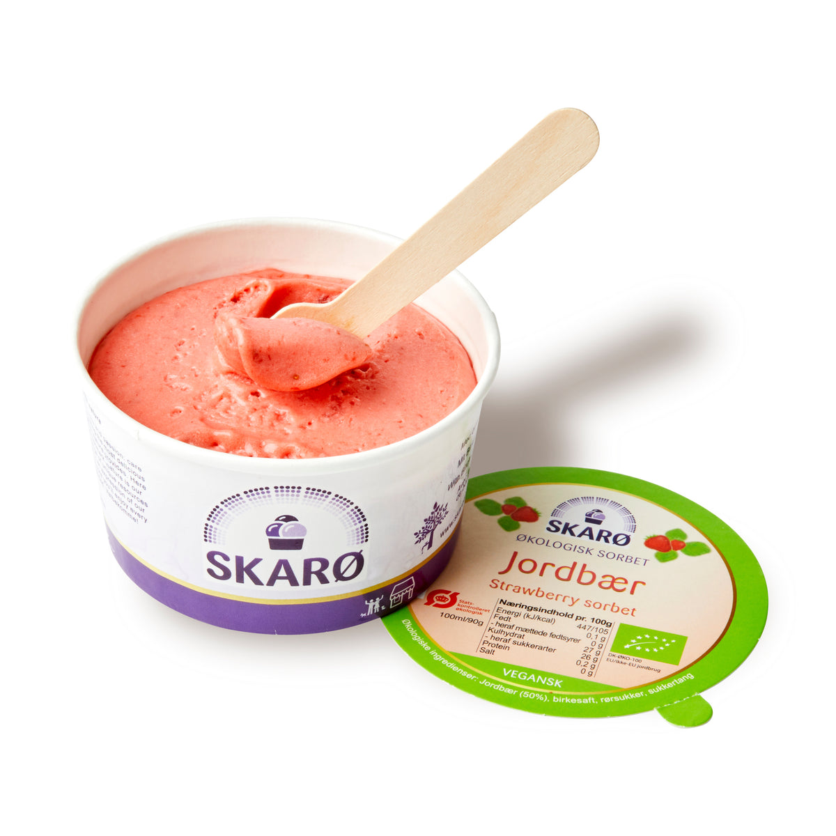 Jordbær Sorbet | Vegansk Is & Sorbet - 24 bægre á 100ml. | Skarø Is