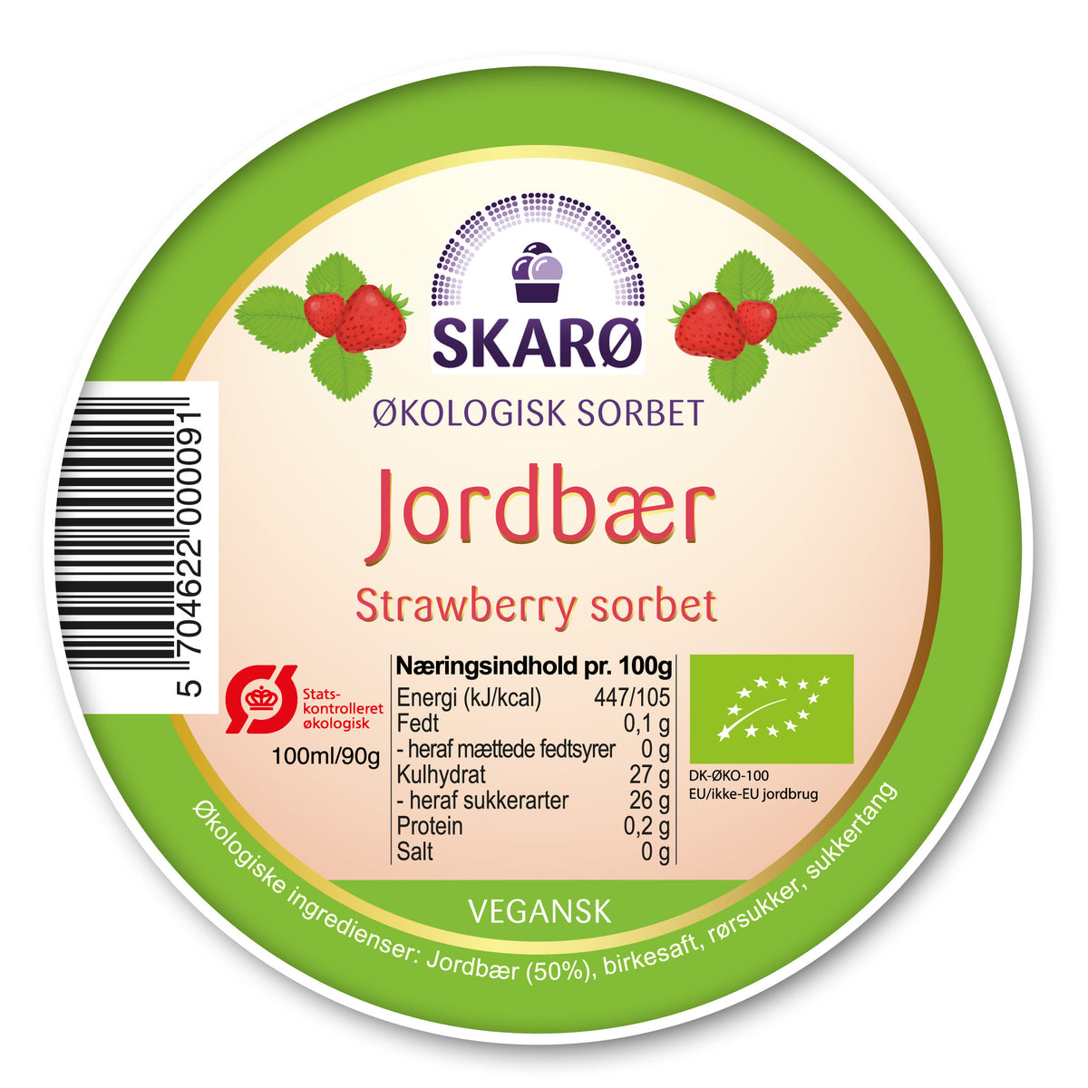 Økologisk vegansk sorbet med Jordbær - is fra Skarø