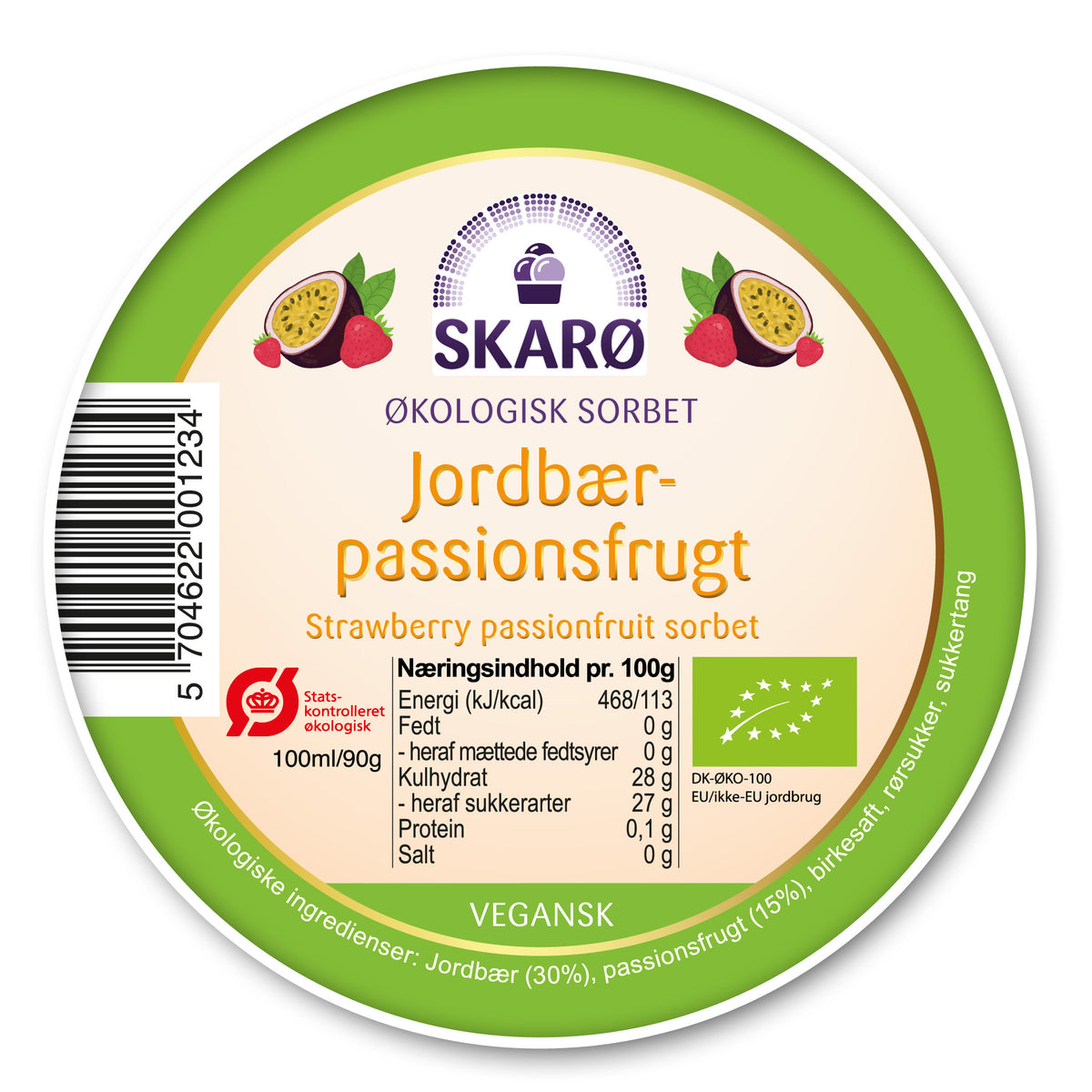 Økologisk vegansk sorbet med Jordbær og passionsfrugt - is fra Skarø